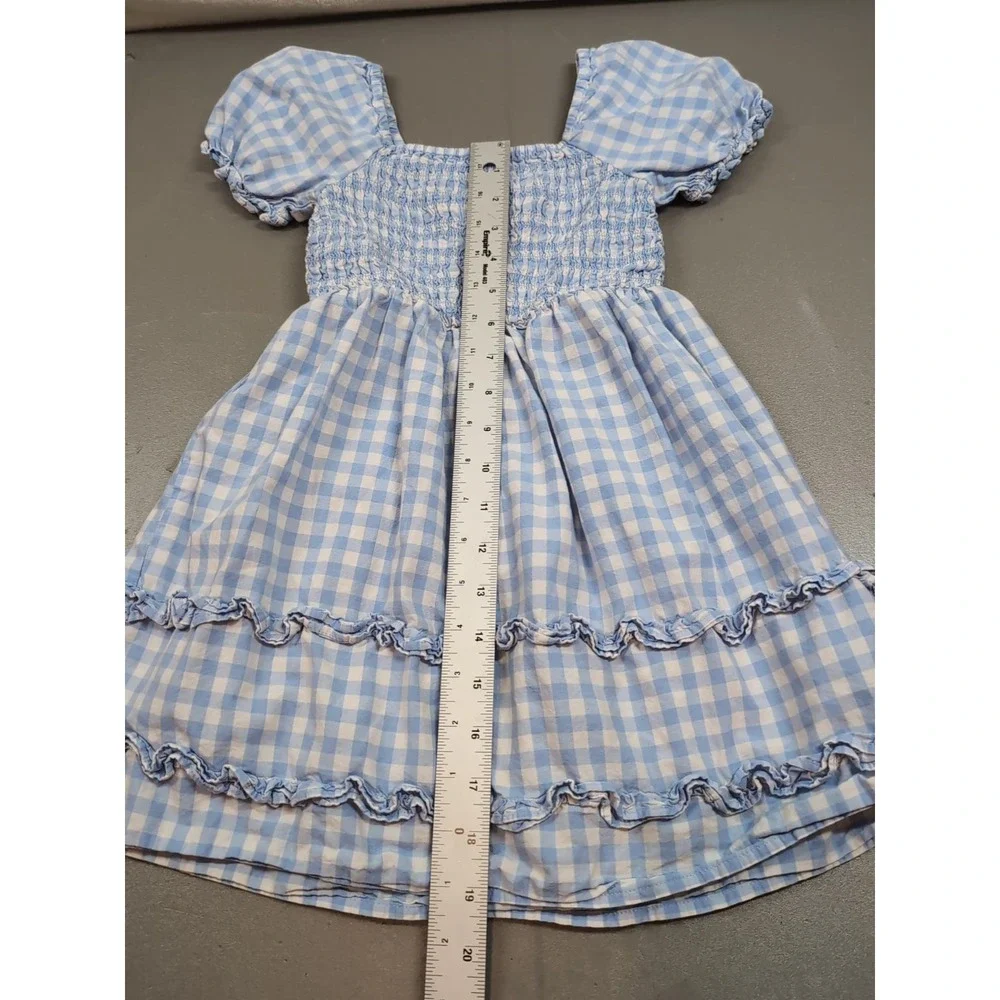 The Children's Place Girls Blue White Gingham Smocked Puff Sleeve Dress Size 5/6